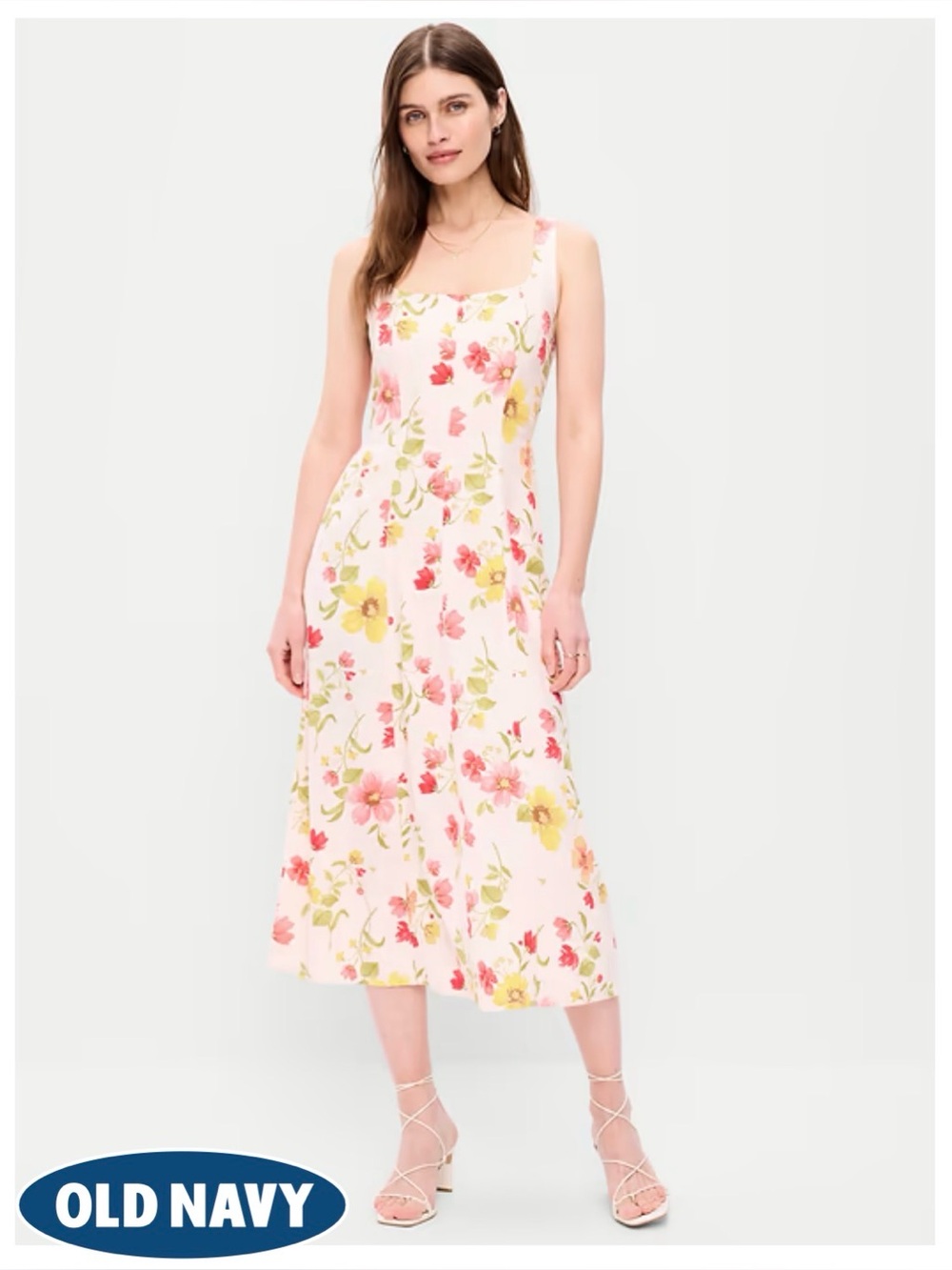 TALL Old Navy Fit & Flare Sleeveless Linen Blend Midi Dress Pink Floral M Tall